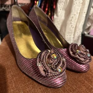 Pierre Dumas Elegant Purple Glitter Pumps with Floral Accent
